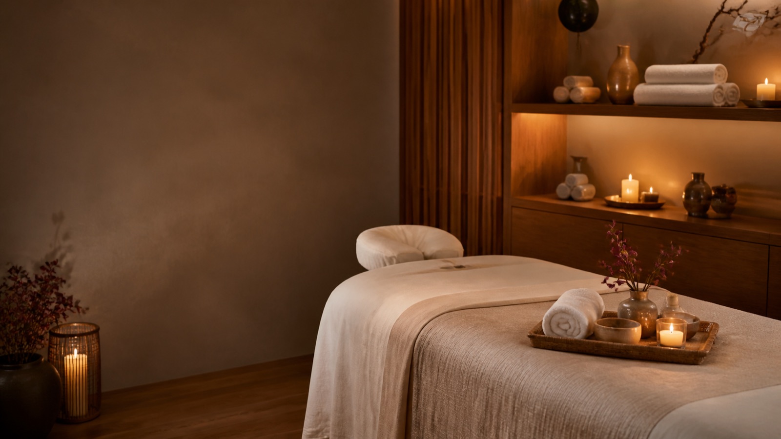 Calm private spa treatment room prepared for a massage